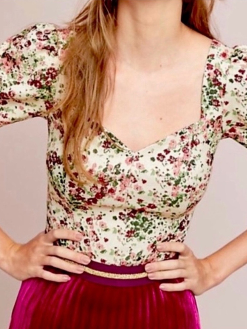 Maeve Anthropologie Cream Floral Puff-Sleeve Sweetheart Top